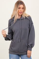 Charcoal Ribbed Front Pocket Maternity Drawstring Hoodie