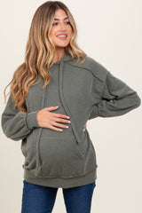 Olive Ribbed Front Pocket Maternity Drawstring Hoodie