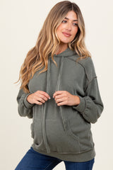 Olive Ribbed Front Pocket Maternity Drawstring Hoodie