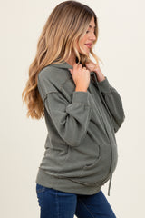 Olive Ribbed Front Pocket Maternity Drawstring Hoodie