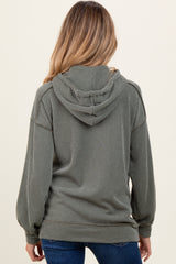 Olive Ribbed Front Pocket Maternity Drawstring Hoodie