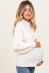 Cream Cable Knit Mock Neck Bubble Sleeve Maternity Sweater