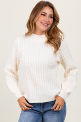 Cream Cable Knit Mock Neck Bubble Sleeve Sweater