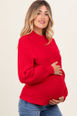 Red Cable Knit Mock Neck Bubble Sleeve Maternity Sweater