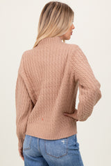 Mocha Cable Knit Mock Neck Bubble Sleeve Sweater