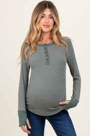 Forest Green Striped Snap Button Henley Maternity Top