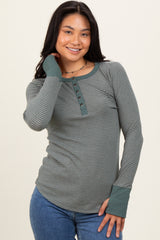 Forest Green Striped Snap Button Henley Top