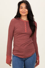 Rust Striped Snap Button Henley Top