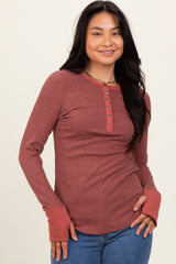 Rust Striped Snap Button Henley Top