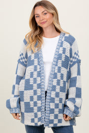 Blue Mixed Check Pattern Chunky Cardigan