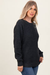 Charcoal Waffle Knit Rounded Hem Sweater