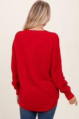 Red Waffle Knit Rounded Hem Sweater