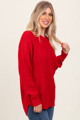 Red Waffle Knit Rounded Hem Sweater