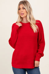 Red Waffle Knit Rounded Hem Sweater