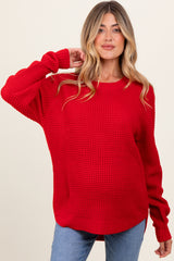 Red Waffle Knit Rounded Hem Maternity Sweater