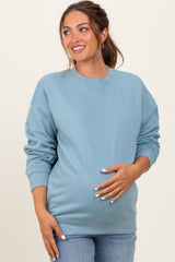 Light Blue Fleece Crew Neck Relaxed Fit Maternity Sweatshirt