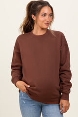 Brown Fleece Crew Neck Relaxed Fit Maternity Sweatshirt