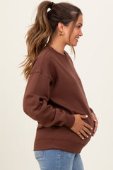 Brown Fleece Crew Neck Relaxed Fit Maternity Sweatshirt