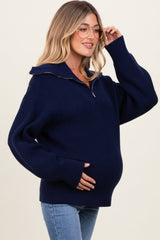 Navy Half Zip Chunky Knit Maternity Pullover Sweater