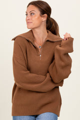 Camel Half Zip Chunky Knit Pullover Sweater