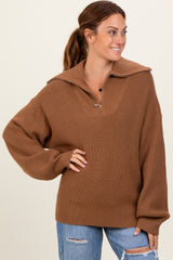 Camel Half Zip Chunky Knit Maternity Pullover Sweater