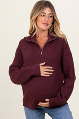 Burgundy Half Zip Chunky Knit Maternity Pullover Sweater