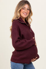 Burgundy Half Zip Chunky Knit Maternity Pullover Sweater