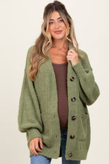 Light Olive Fuzzy Knit Oversized Button Up Maternity Cardigan