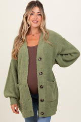 Light Olive Fuzzy Knit Oversized Button Up Maternity Cardigan