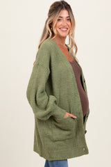 Light Olive Fuzzy Knit Oversized Button Up Maternity Cardigan