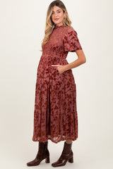 Mauve Floral Velvet Print Smocked Maternity Midi Dress