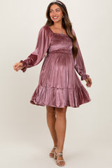 Mauve Velvet Smocked Long Sleeve Maternity Dress