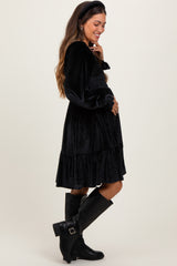 Black Velvet Smocked Long Sleeve Maternity Dress