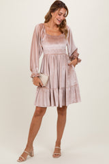 Light Taupe Velvet Smocked Long Sleeve Dress