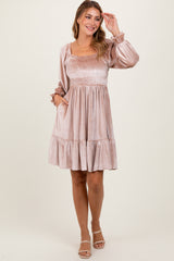 Light Taupe Velvet Smocked Long Sleeve Dress