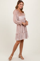 Light Taupe Velvet Smocked Long Sleeve Dress