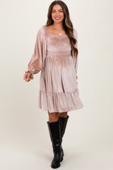 Light Taupe Velvet Smocked Long Sleeve Maternity Dress