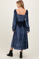 Navy Velvet Smocked Long Sleeve Maternity Maxi Dress