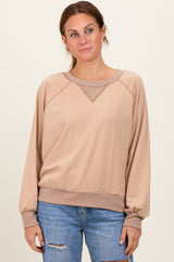 Beige French Terry Contrast Rib Long Sleeve Pullover