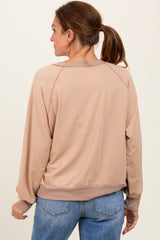 Beige French Terry Contrast Rib Long Sleeve Pullover