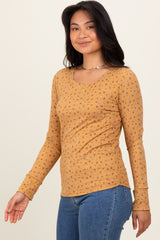 Yellow Floral Ribbed Long Sleeve Top