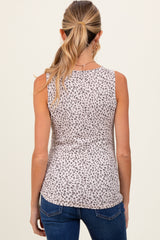 Beige Animal Print Ribbed Henley Sleeveless Maternity Top