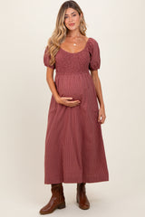 Mauve Striped Popcorn Smocked Maternity Midi Dress