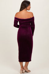 Plum Shiny Velour Off Shoulder Maternity Midi Dress