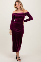 Plum Shiny Velour Off Shoulder Maternity Midi Dress