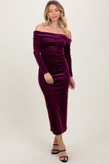 Plum Shiny Velour Off Shoulder Midi Dress