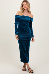 Teal Shiny Velour Off Shoulder Maternity Midi Dress