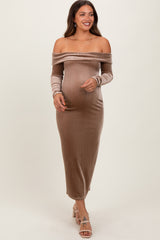 Taupe Shiny Velour Off Shoulder Maternity Midi Dress