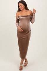 Taupe Shiny Velour Off Shoulder Maternity Midi Dress