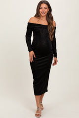 Black Shiny Velour Off Shoulder Maternity Midi Dress